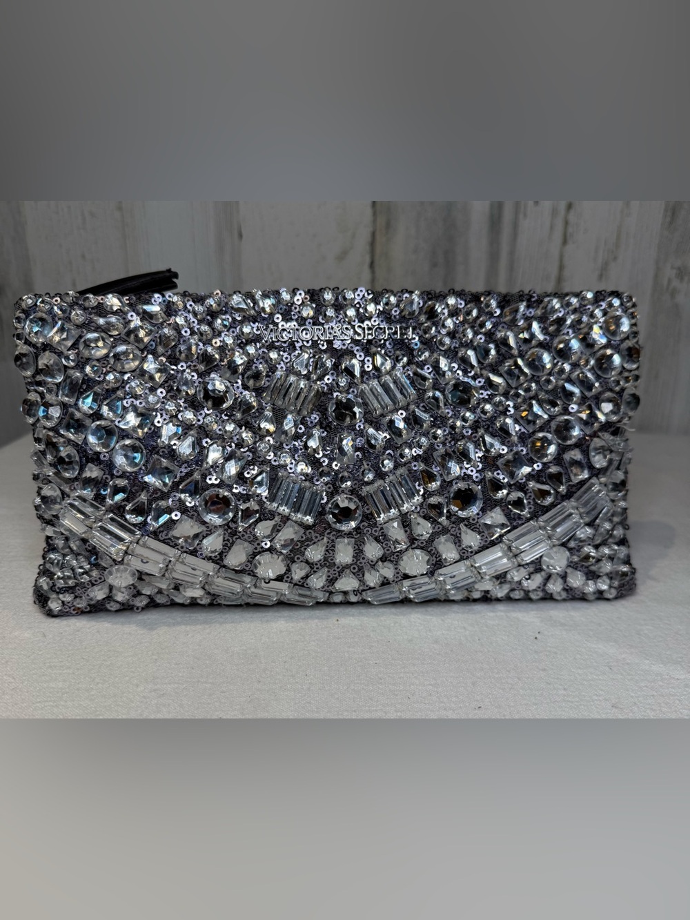 Victoria's Secret Crystal Embellished Silver Clutch 7” x 11” - Picture 2 of 5